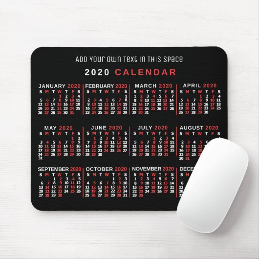 2020 Monatskalender Custom Black Red White Mousepad (Mit Mouse)