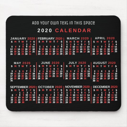 2020 Monatskalender Custom Black Red White Mousepad (Vorne)