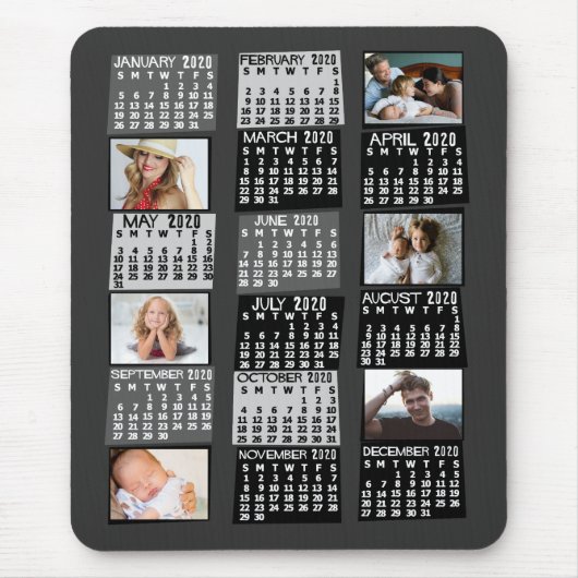 2020 Monatskalender Mod Schwarzes FotoCollage Mousepad (Vorne)