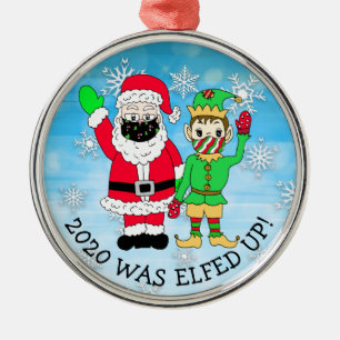 2020 wurde Elf und Santa in Facemask erobert. Ornament Aus Metall