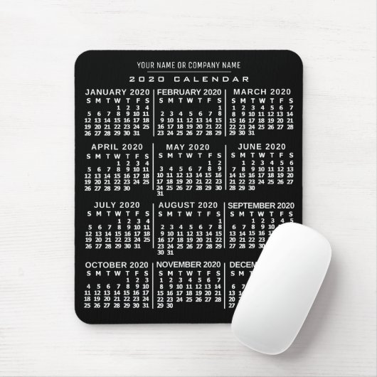 2020 Year Monthly Calendar Black White Custom Name Mousepad (Mit Mouse)
