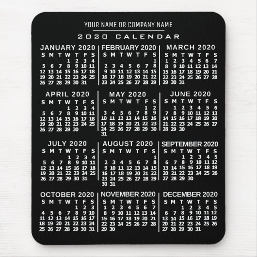 2020 Year Monthly Calendar Black White Custom Name Mousepad (Vorne)
