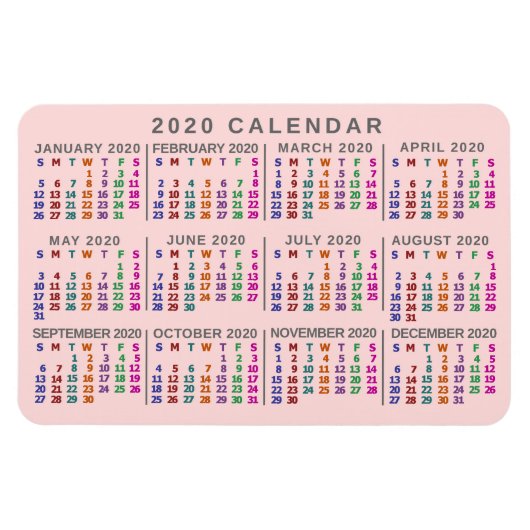 2020 Year Monthly Calendar Blush Pink Colorful Magnet (Horizontal)