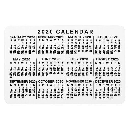 2020 Year Monthly Calendar Classic White and Black Magnet (Horizontal)