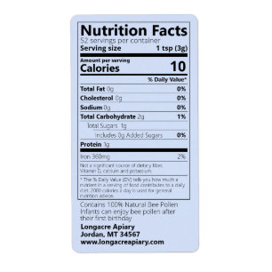 2021 Bee Pollen Nutrition Facts Blue Product