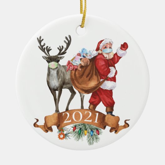 2021 Covid Santa Reindeer Weihnachten im Wasser Keramik Ornament (Vorne)