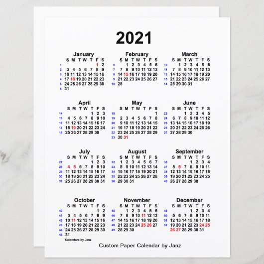 2021 Custom Holiday 52 Week Calendar von Janz (Vorne/Hinten)