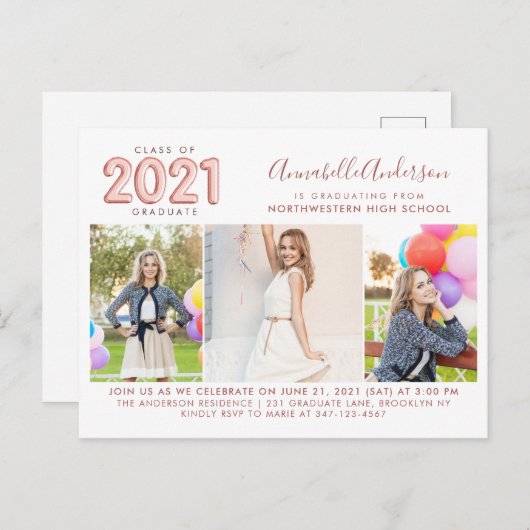 2021 Graduate Rose Gold 3 Foto Graduation Party Einladungspostkarte (Vorne/Hinten)
