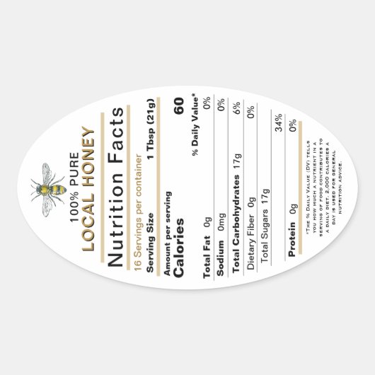 2021 Honey Nutrition Facts Oval Label mit Biene Ovaler Aufkleber (Vorderseite)