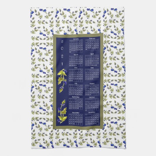 2021 Kalendar Blueberries - Blätter - Grenze Geschirrtuch (Vertikal)