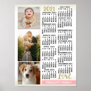 2021 Kalender Blush Pink Gold Familienfoto-Collage Poster