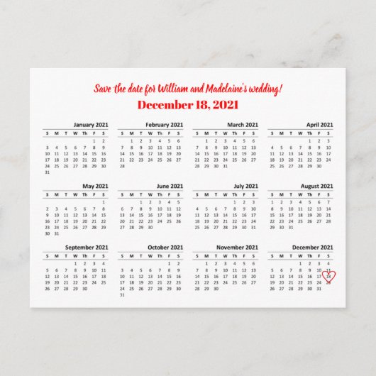 2021 Kalender Herz Ankündigungspostkarte (Vorderseite)