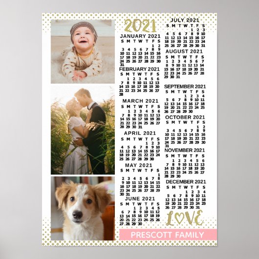 2021 Kalender Rosa Gold Familienfoto Collage Poster (Vorne)