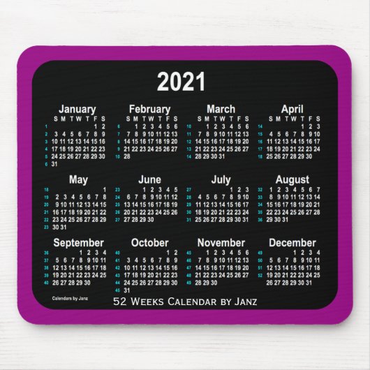 2021 Lila Neon 52 Weeks Calendar von Janz Mousepad (Vorne)