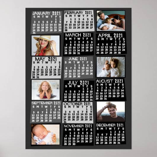 2021 Monatlicher Kalender FotoCollage Mod Black Poster (Vorne)