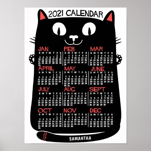 2021 Monatskalender Mittelalterliche Schwarze Katz Poster (Vorne)