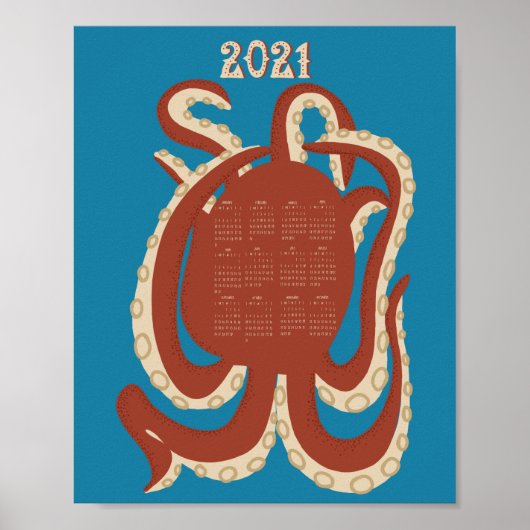 2021 Roter und Blauer Tintenfischkalender Poster (Vorne)