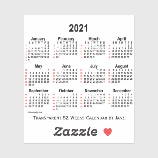 2021 Transparenter 52-Wochen-Kalender von Janz Aufkleber (Blatt)