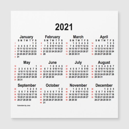 2021 White 52 Weeks Calendar by Janz 5x5 Magnet (Vorderseite)