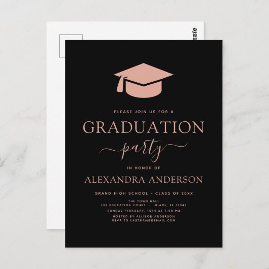 2022 Abitur Party Blush Pink Black Elegant Inv Postkarte (Vorne/Hinten)