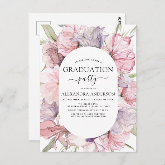 2022 Abschluss Boho Dusty Pink Lila Einladung Postkarte (Vorne/Hinten)