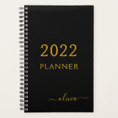 2022 Black Gold Girly Script Monogram Name Modern Planer (Vorderseite)