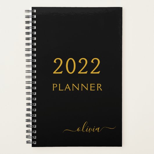 2022 Black Gold Girly Script Monogram Name Modern Planer (Vorderseite)