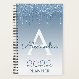2022 Blaue Glitter-Tropfen Funkeln Monogramm Planer