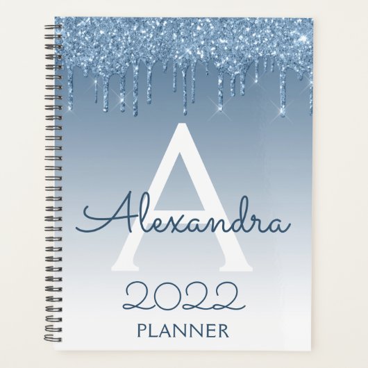 2022 Blue Glitzer Tropfens Sparkle Monogram Planer (Vorderseite)