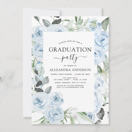 2022 Dusty Blue Abschluss Blumengrün Einladung (Vorderseite)