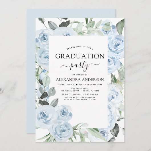 2022 Dusty Blue Abschluss Blumengrün Einladung (Vorne/Hinten)