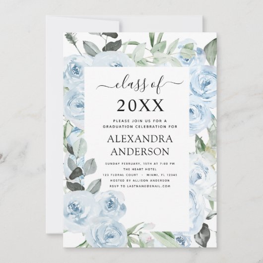 2022 Dusty Blue Abschluss Blumengrün Einladung (Vorderseite)