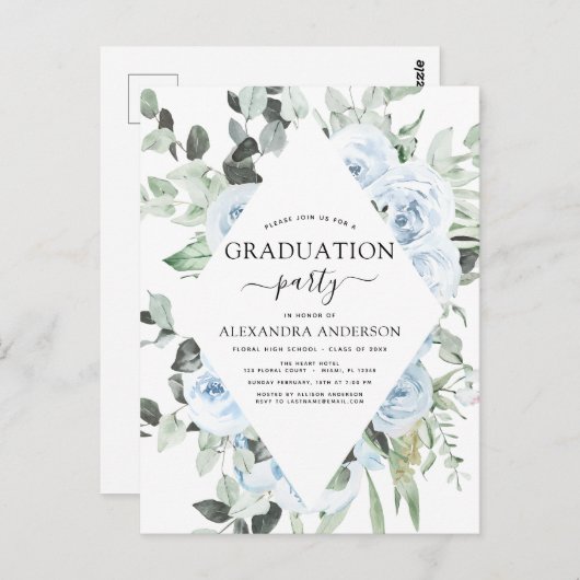 2022 Dusty Blue Abschluss Blumengrün Einladung Postkarte (Vorne/Hinten)