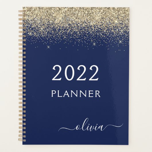2022 Gold Navy Blue Glitzer Sparkle Glam Monogram Planer (Vorderseite)