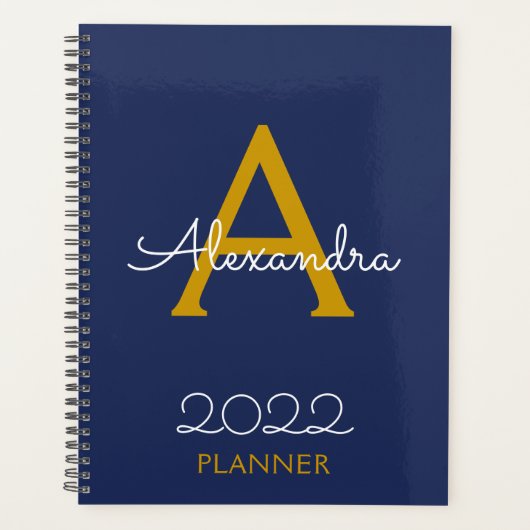 2022 Gold Navy Blue Monogram Elegant Planer (Vorderseite)