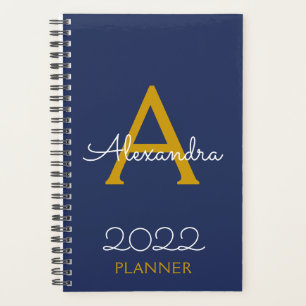 2022 Gold Navy Blue Monogram Elegant Planer
