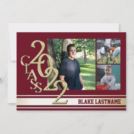 2022 Gold Varsity Stripe Grad Tri Foto Burgund Einladung (Vorderseite)
