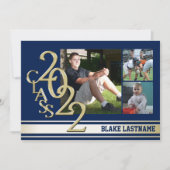 2022 Gold Varsity Stripe Graduate Tri Foto Blue Einladung (Vorderseite)
