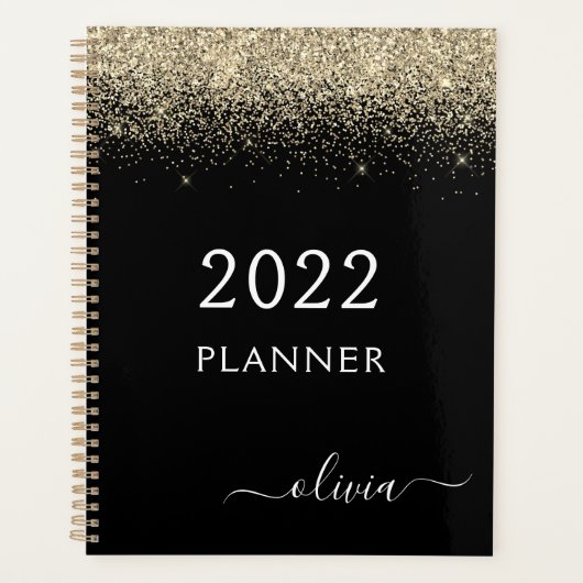 2022 Goldschwarzer Glitzer Sparkle Glam Monogram Planer (Vorderseite)