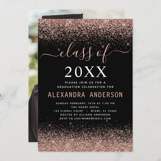 2022 Graduation Party Foto Rosa Rose Gold Glitzer Einladung (Vorne/Hinten)