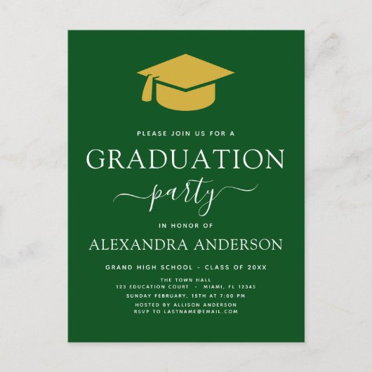 2022 Graduation Party Green Gold Moderne Elegant i Postkarte (Vorderseite)