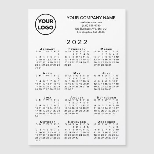 2022 Kalender Firmenlogo Text White Magnet Card (Vorderseite)