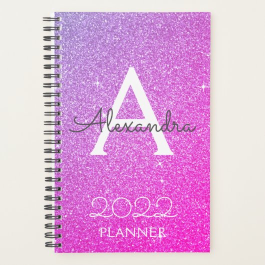 2022 Lila-Rosa-Glitzer-Sparkle-Monogramm Planer (Vorderseite)