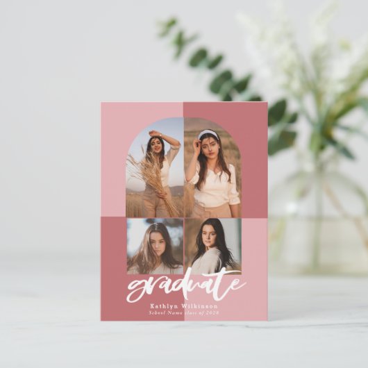 2022 Moderne Script-Rose Rosa Pfeil 4 Foto Grad Ankündigungspostkarte (Stehend Vorderseite)