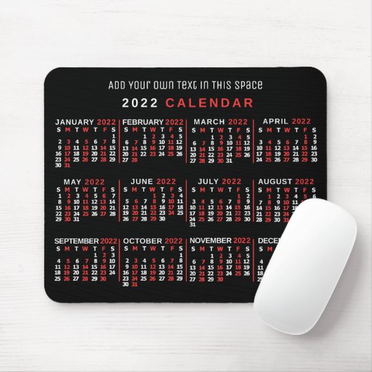 2022 Monatlicher Kalender Custom Black Red White Mousepad (Mit Mouse)