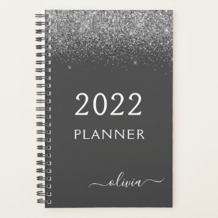 2022 Monogramm-Name für den Silbergrauen Girly-Gli Planer