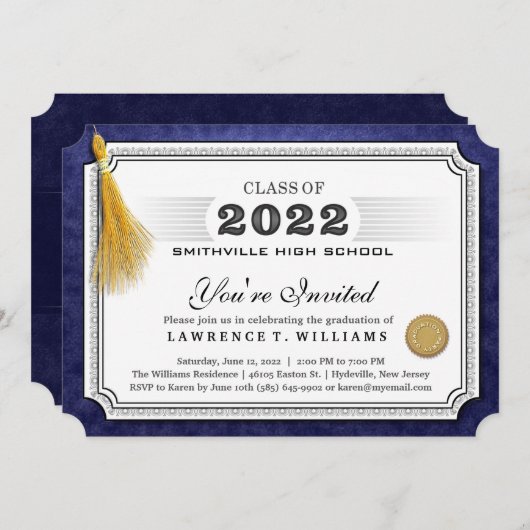  2022 Navy Blue Diploma Gold Tassel Abschluss Inv. Einladung (Vorne/Hinten)