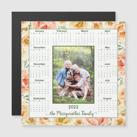 2022 Peach floral Foto Magnetic Calendar Magnetkarte (Vorne/Hinten)
