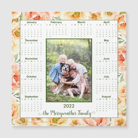 2022 Peach floral Foto Magnetic Calendar Magnetkarte (Vorderseite)