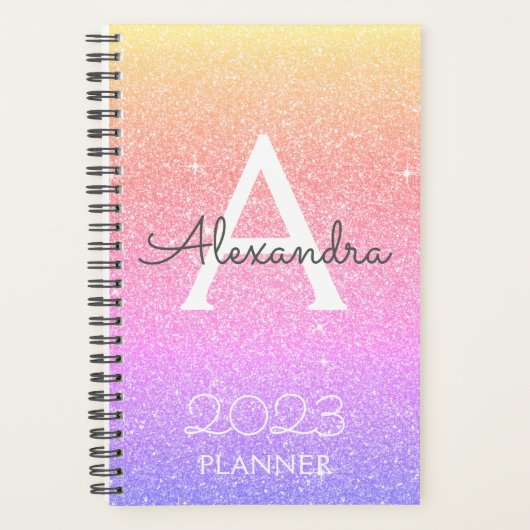 2022 Rainbow Pastel Glitzer Sparkle Monogram Planer (Vorderseite)